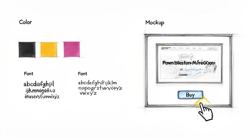 Website redesign concept with black, yellow, magenta colors, two handwritten fonts, and a 'Buy' button mockup.