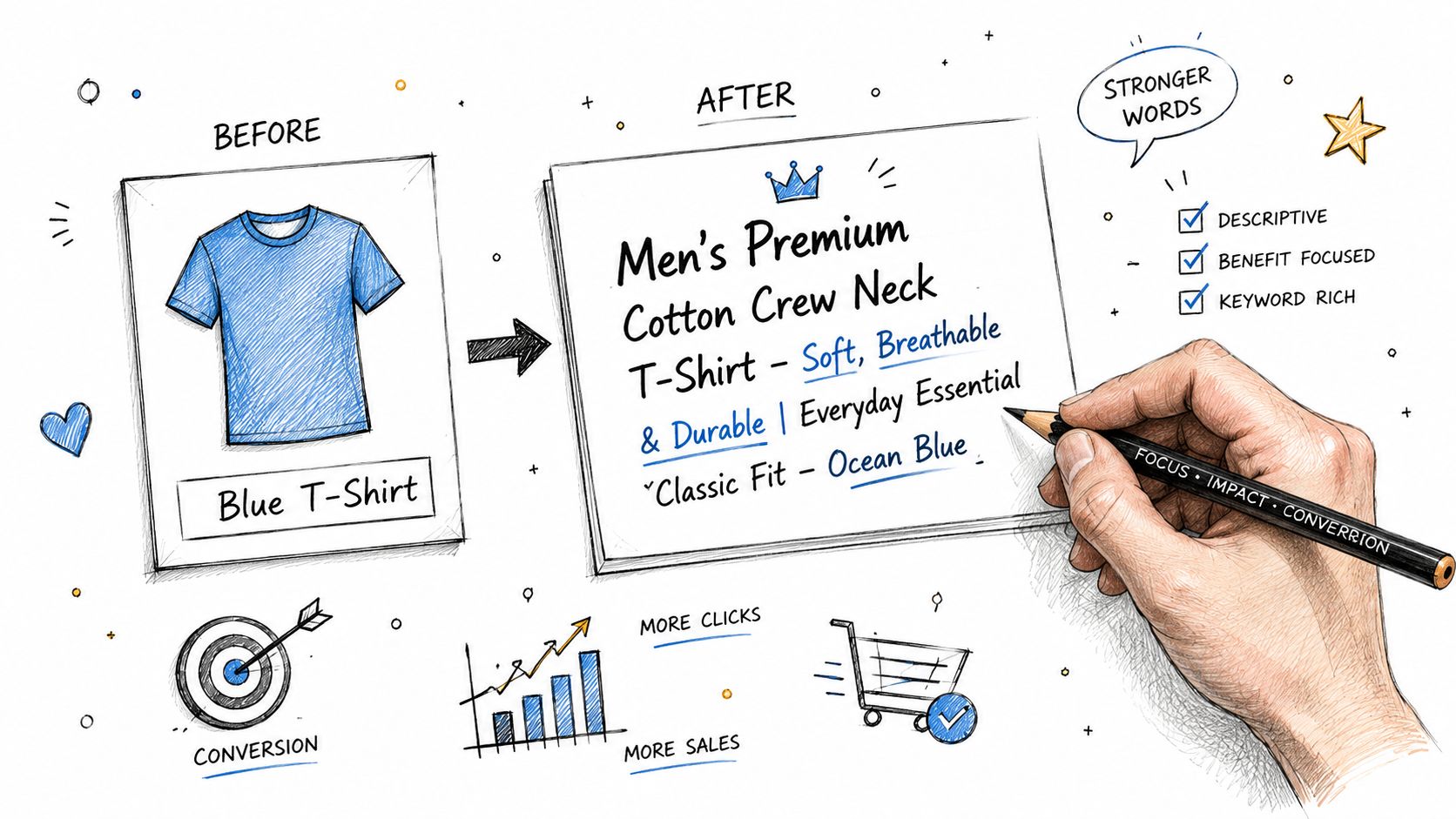 A hand editing product title text from simple to optimized for better search engine performance.