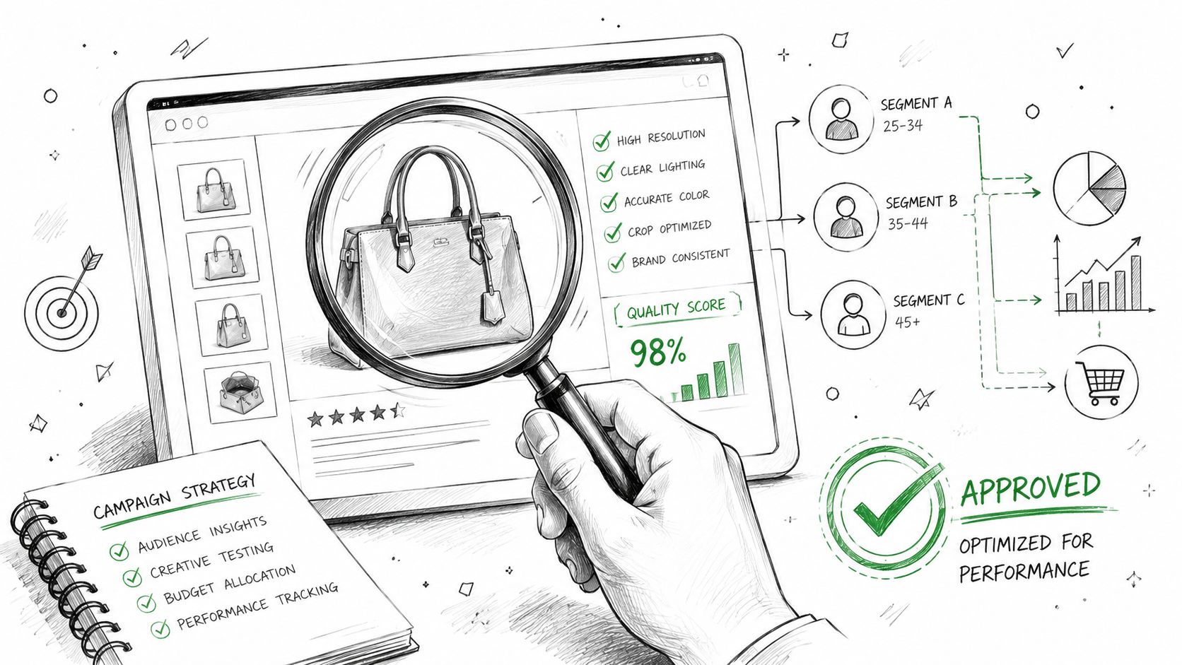 A hand using a magnifying glass to review a digital product image and marketing performance metrics.