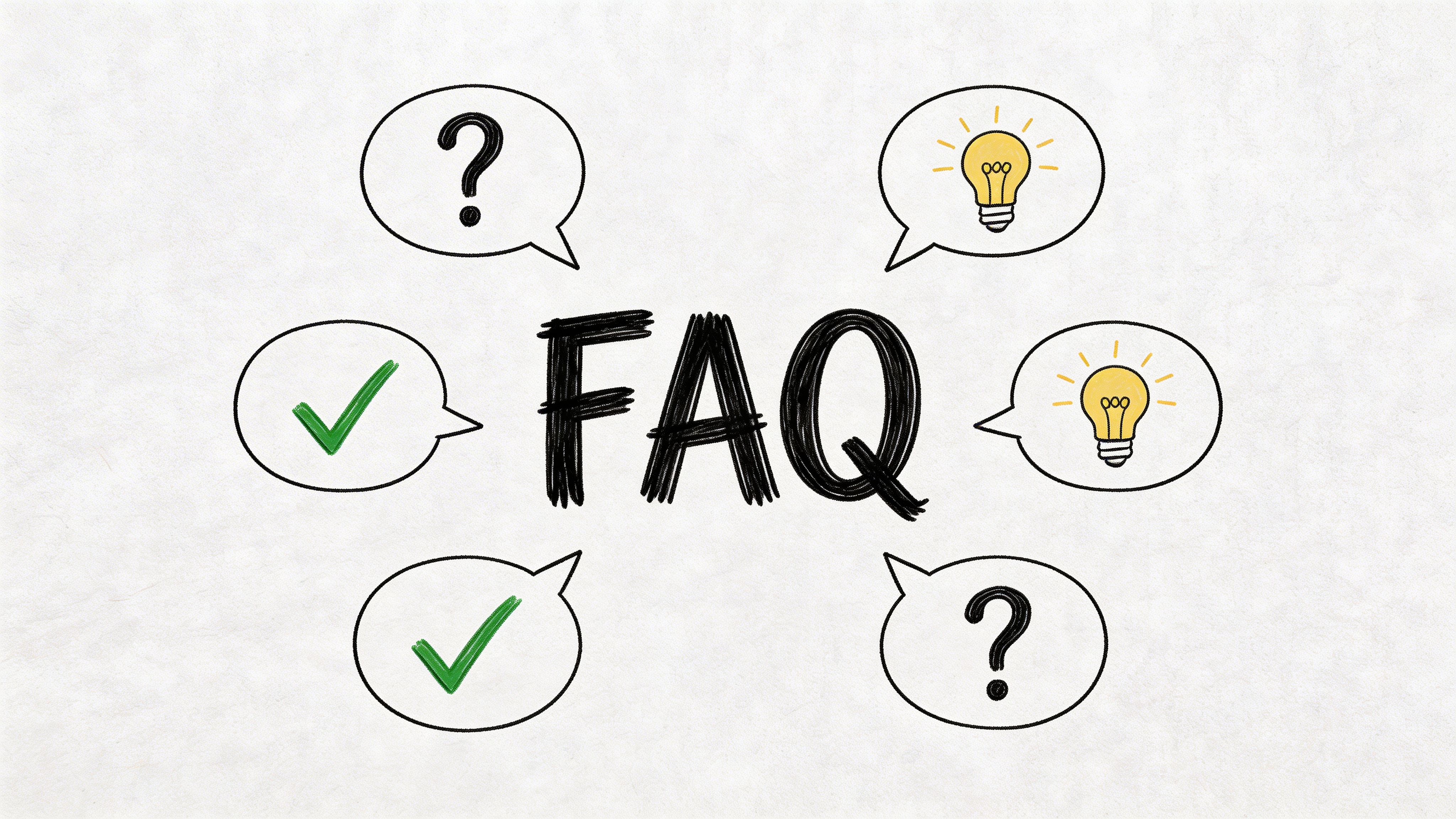 A central FAQ text surrounded by speech bubbles containing question marks, light bulbs, and check marks.