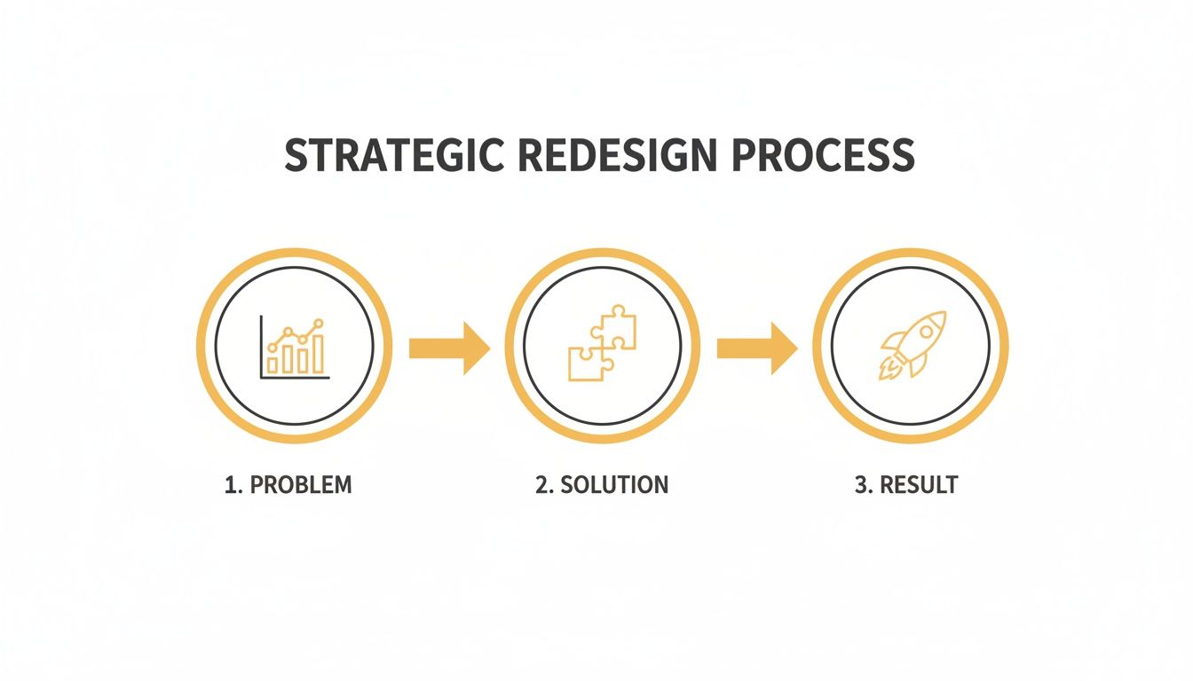 Diagram illustrating the strategic redesign process with steps: Problem, Solution, and Result icons.