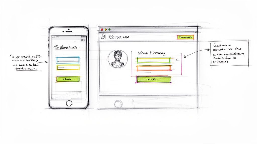 Wireframe sketches for a mobile login screen and a web page displaying visual hierarchy and user profile.