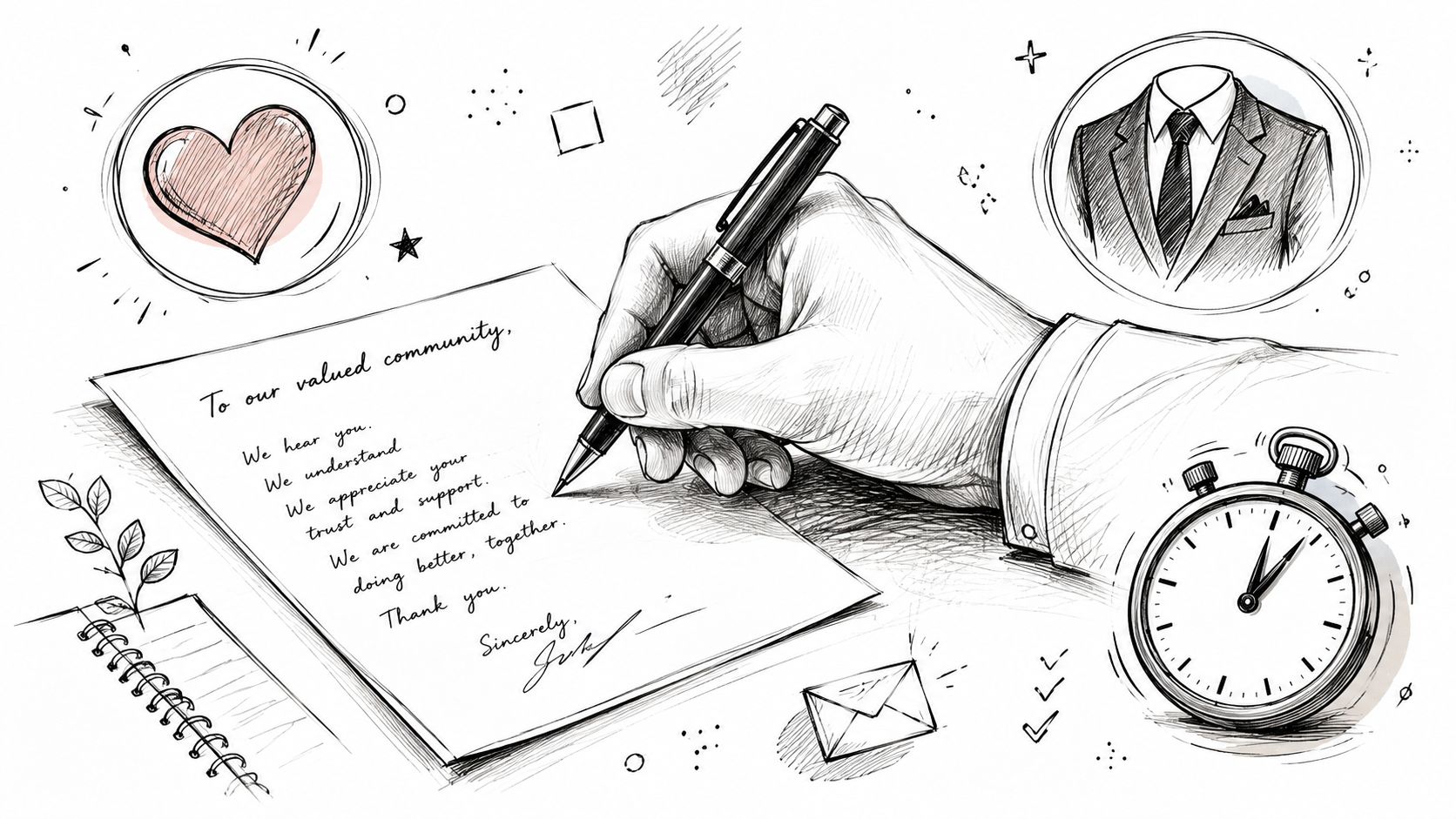 A hand writing a sincere letter to a community, surrounded by symbols of professional commitment and time.