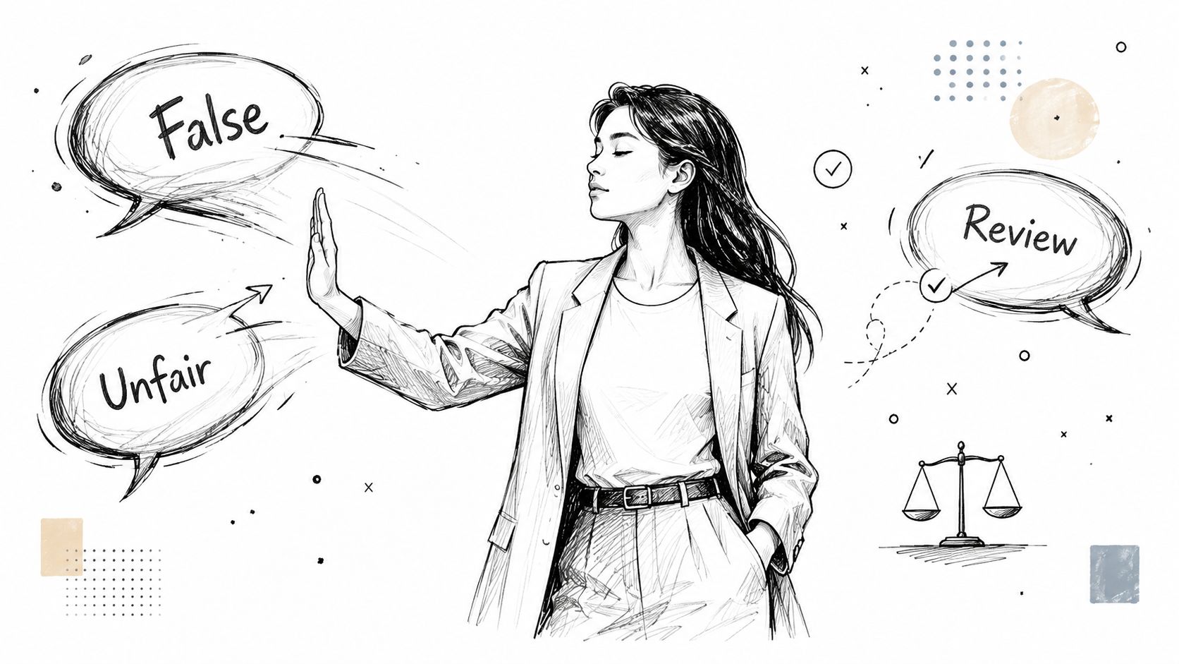 A professional woman gesturing to stop negative comments labeled as false and unfair, reflecting review management.