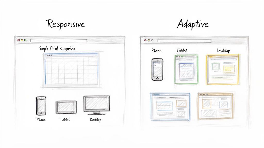 Illustration contrasting responsive web design with a fluid layout against adaptive design with distinct layouts for various devices.