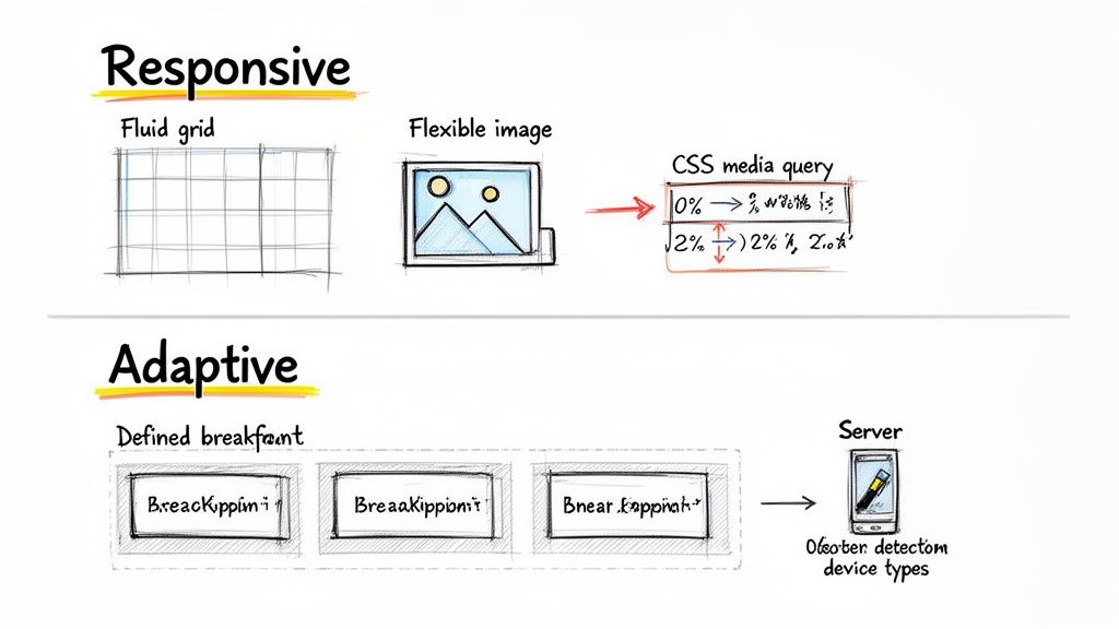 Diagram illustrating responsive design with fluid grids and CSS media queries versus adaptive design with defined breakpoints and server-side device detection.