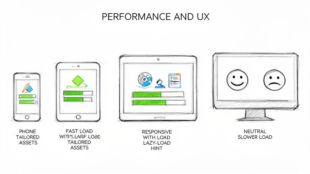 Visualizing website performance and UX across mobile, tablet, and desktop devices, showing optimized loading strategies.