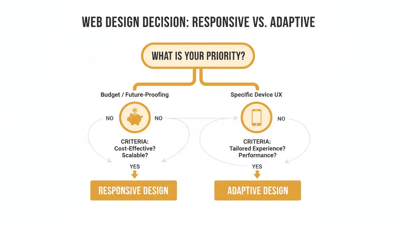 Flowchart comparing responsive vs. adaptive web design based on budget, UX, cost-effectiveness, scalability, and tailored experience.