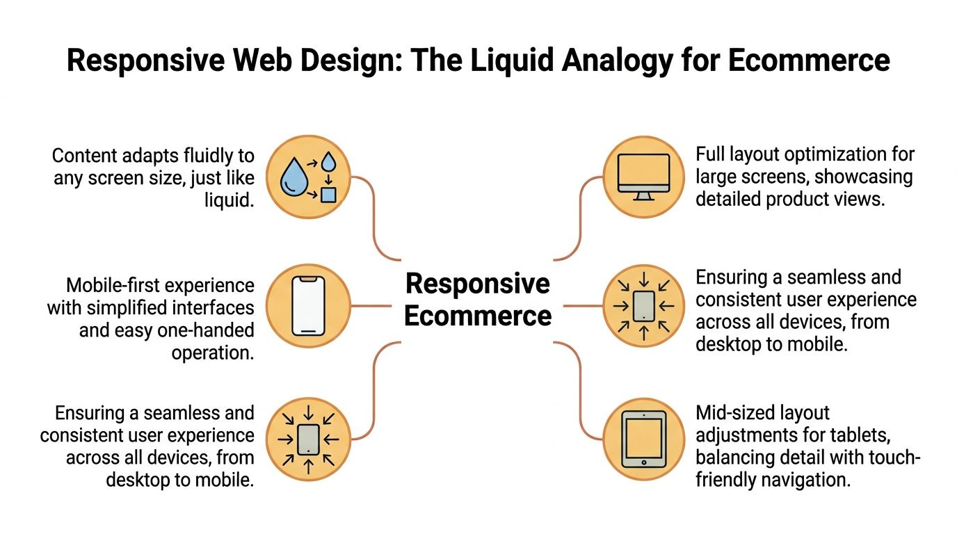 An infographic titled Responsive Web Design illustrating how ecommerce content adapts to various screen sizes and devices.
