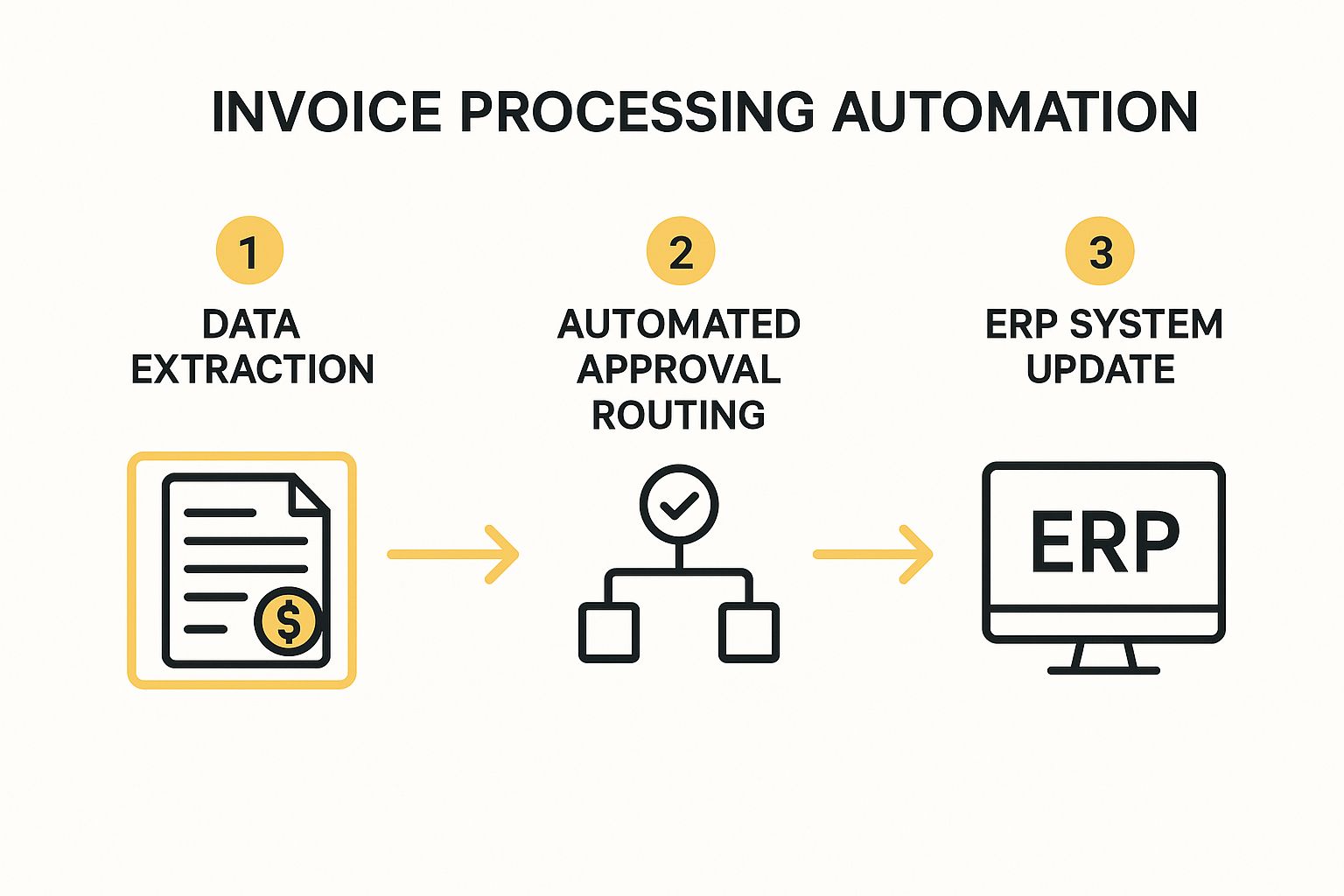 Infographic showing the three-step process of invoice processing automation: Data Extraction, Automated Approval Routing, and ERP System Update.