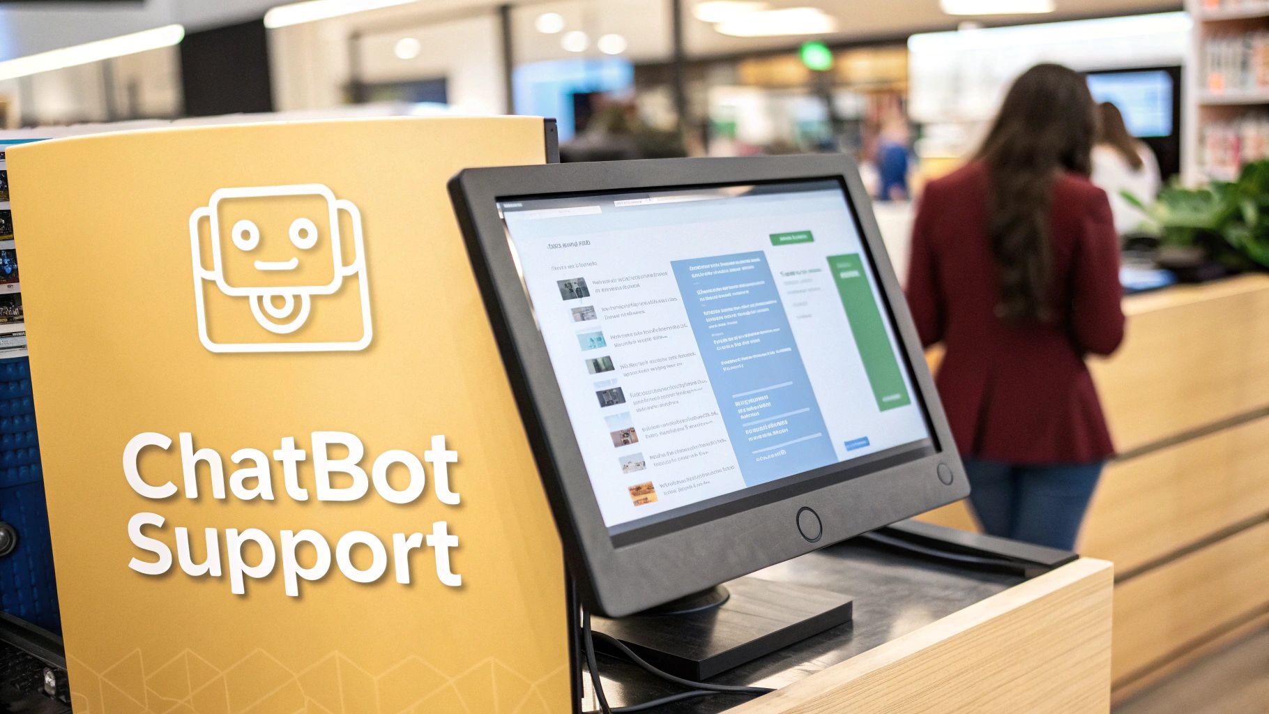 An illustration of a customer service chatbot interacting with a user on a mobile device, with icons representing different backend systems it can access.