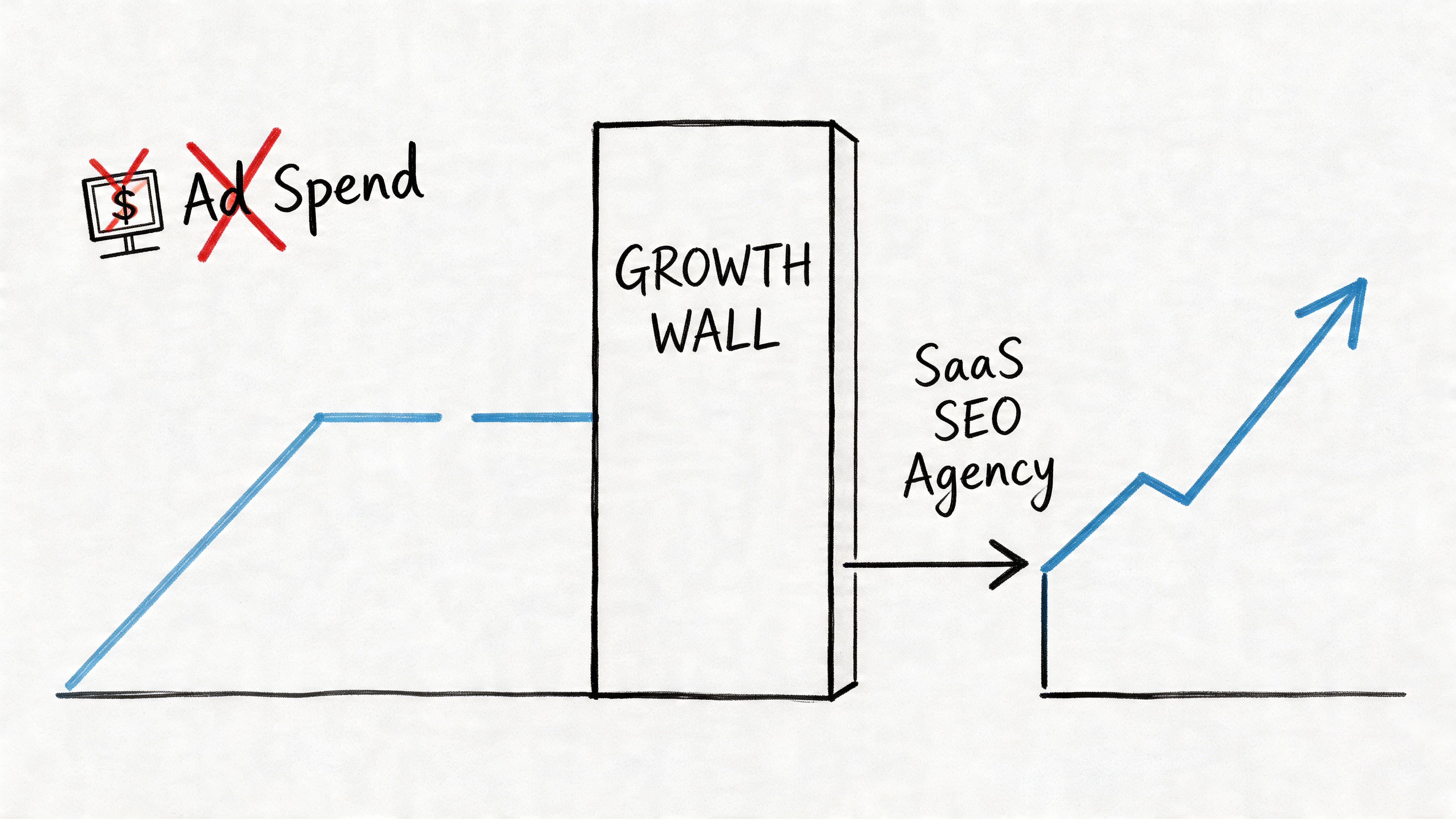 A diagram showing how a SaaS SEO agency helps businesses overcome a growth wall after ad spend.