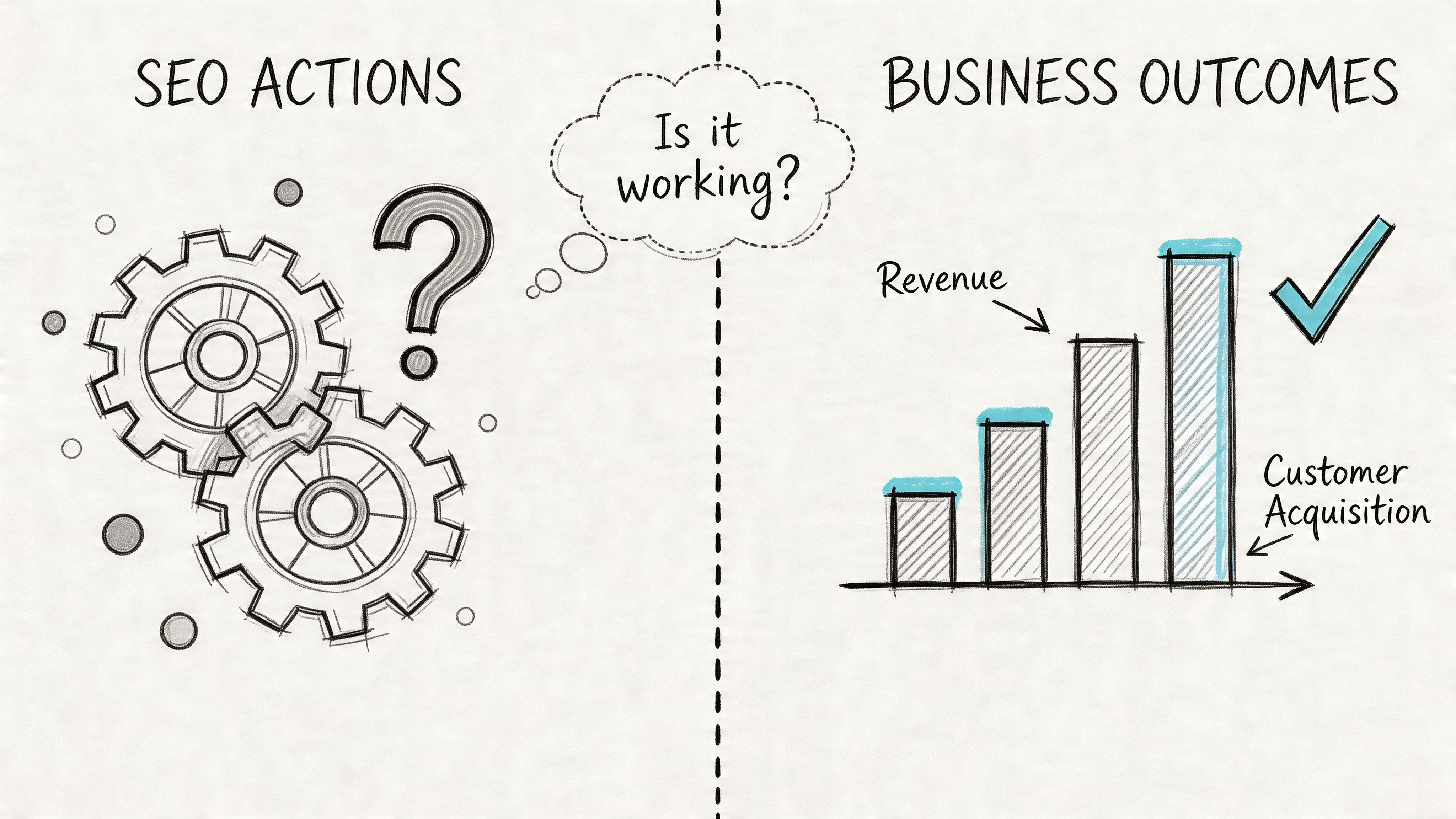 A conceptual diagram showing SEO actions on the left leading to increased business revenue and customer acquisition results.