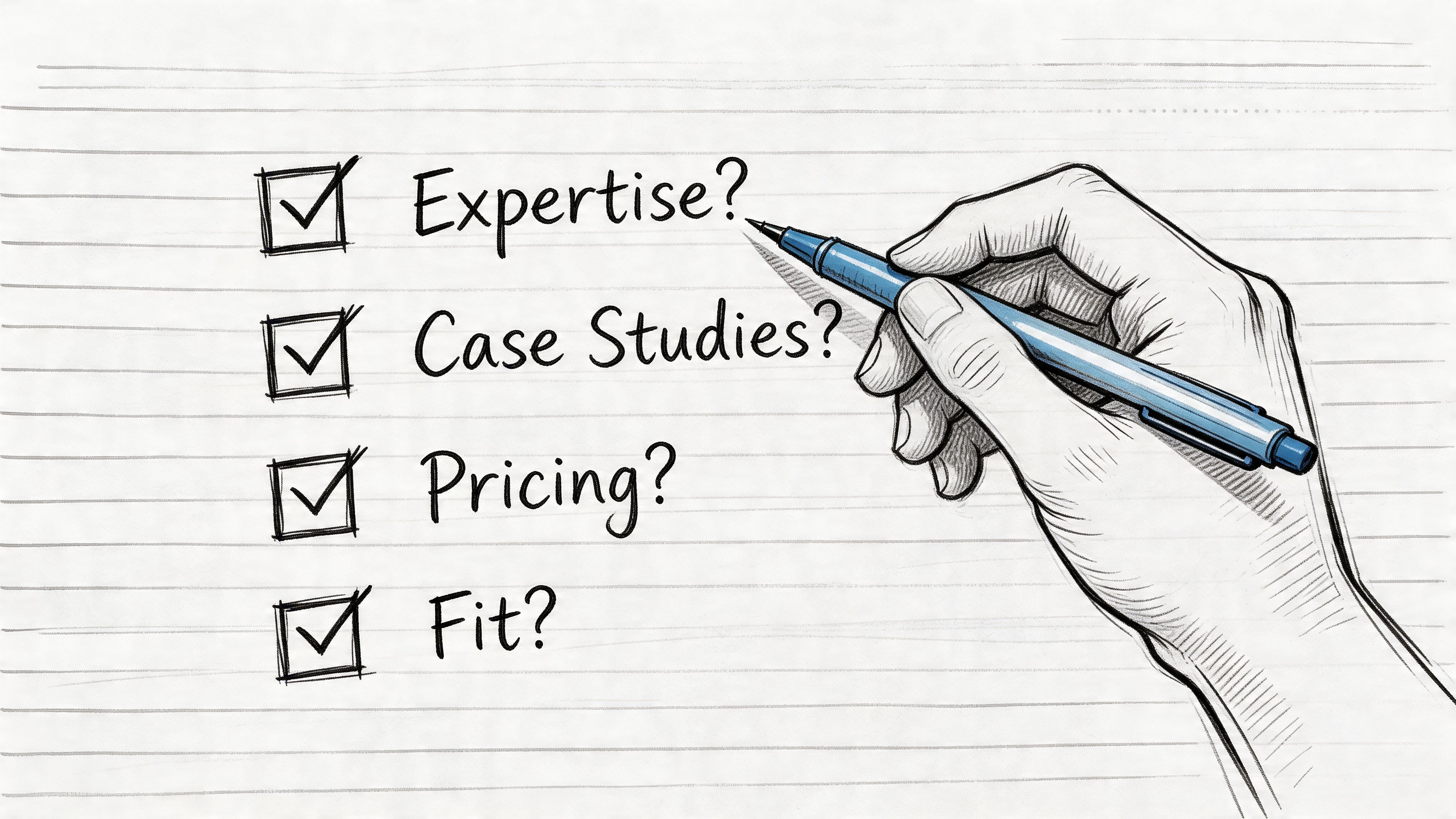A hand holding a pen ticking off a checklist with items including expertise, case studies, pricing, and fit.