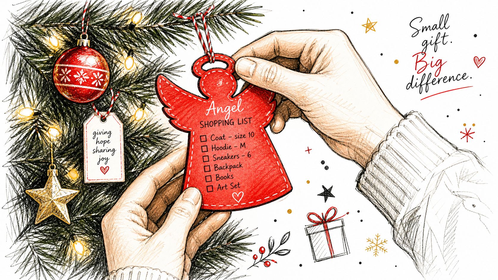 A hand holding a red angel-shaped Christmas ornament featuring a charity gift shopping list for children.