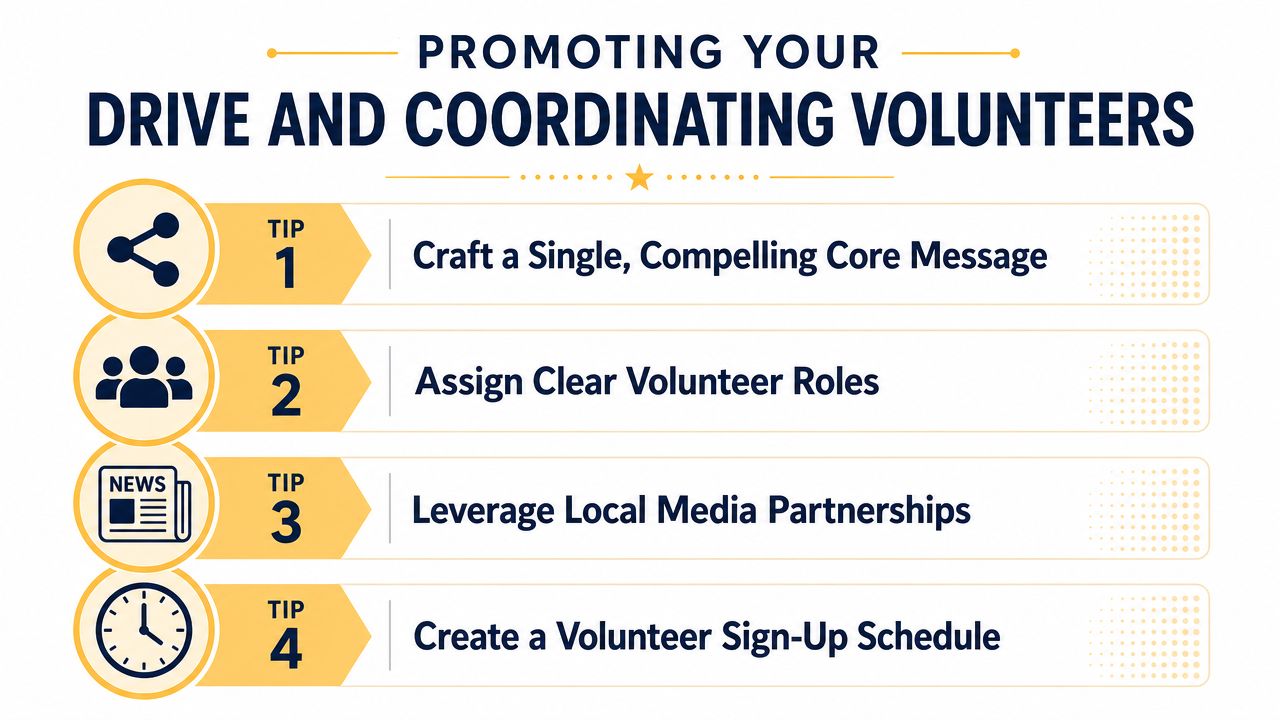 An infographic titled Promoting Your Drive and Coordinating Volunteers featuring four tips for organizing community events.