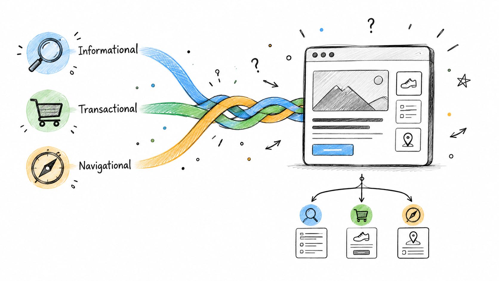 A diagram illustrating the connection between search intent types: informational, transactional, and navigational, to website landing pages.