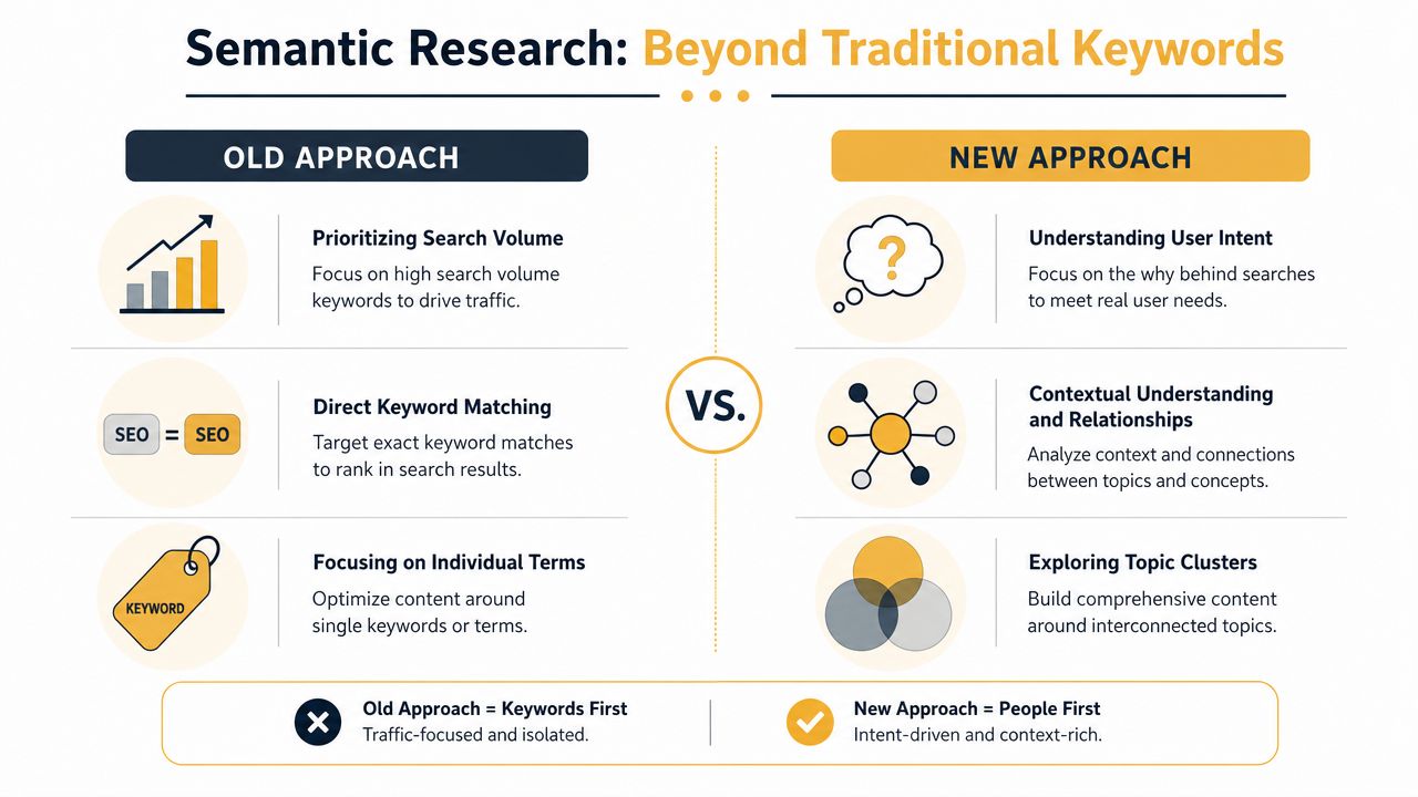A comparison infographic showing the evolution from keyword-focused SEO strategies to user-intent and context-driven semantic research methods.