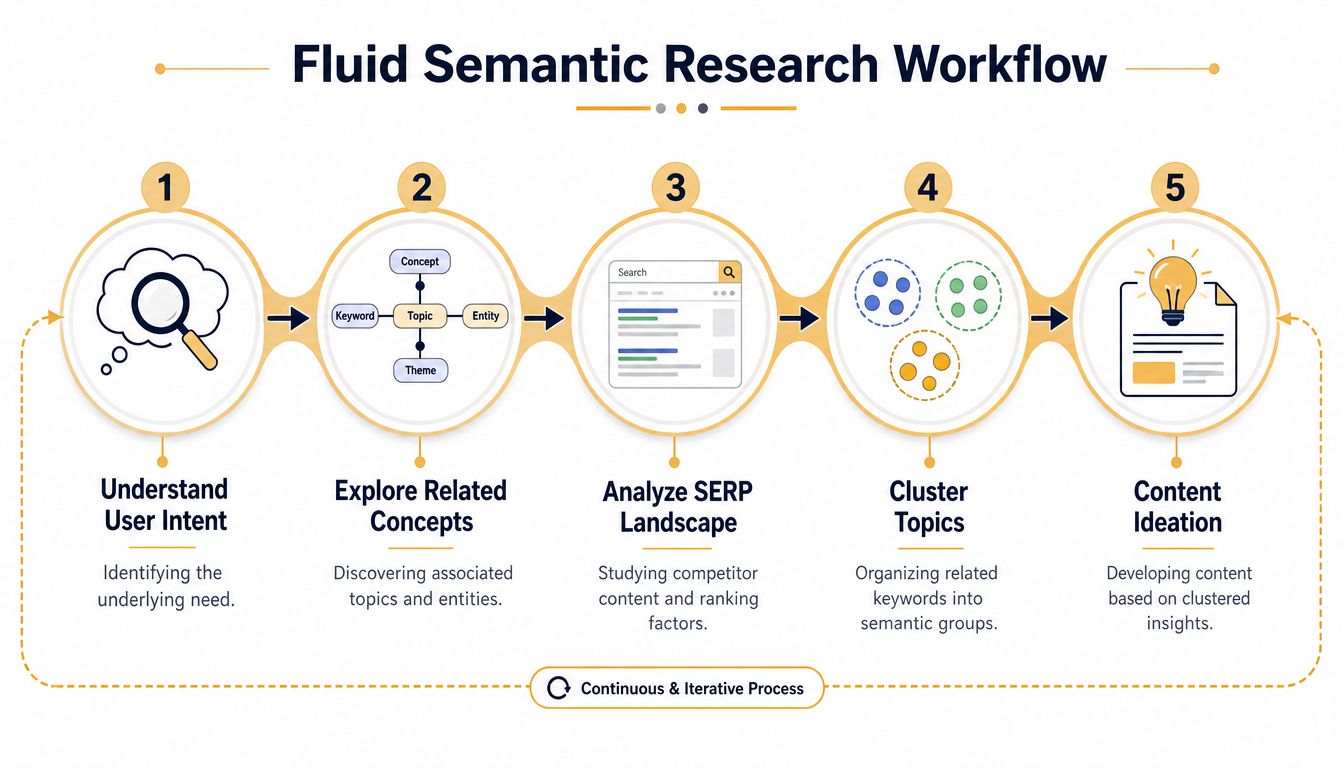 A five-step flow chart illustrating the fluid semantic research workflow for effective content strategy development.