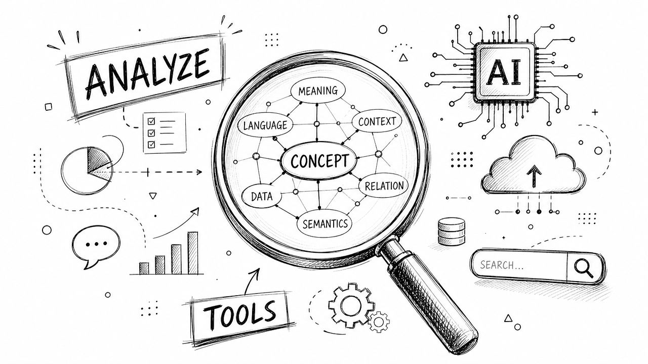 A hand-drawn sketch of a magnifying glass examining various concepts related to artificial intelligence and data analytics.