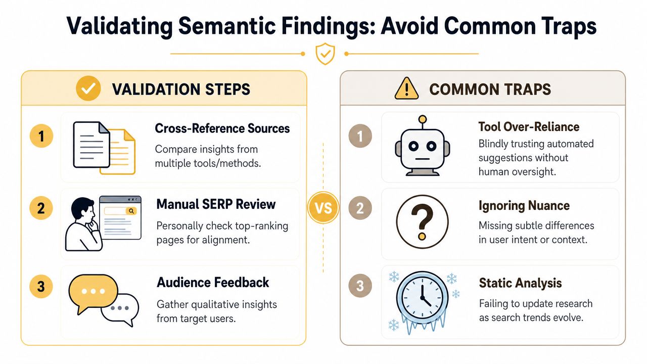 A comparison chart outlining three validation steps versus three common traps in semantic keyword research processes.