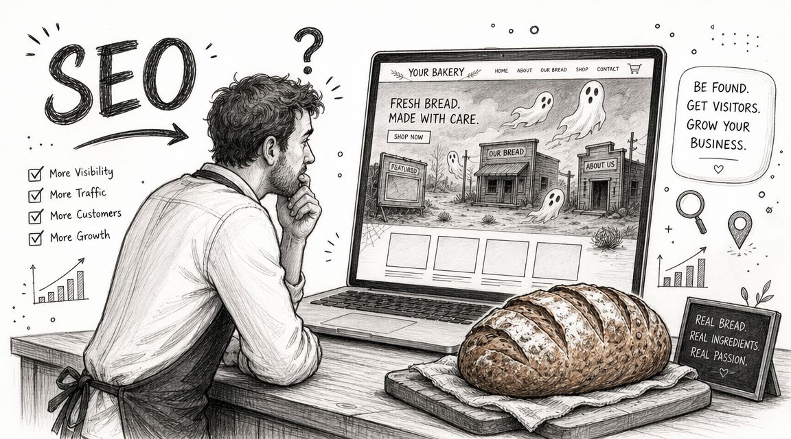 A bakery owner looking thoughtfully at a laptop screen to learn about SEO for website growth.
