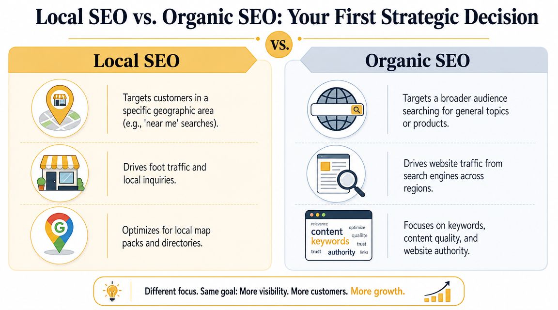 A comparison infographic showing the key differences and strategies between local SEO and organic SEO approaches.