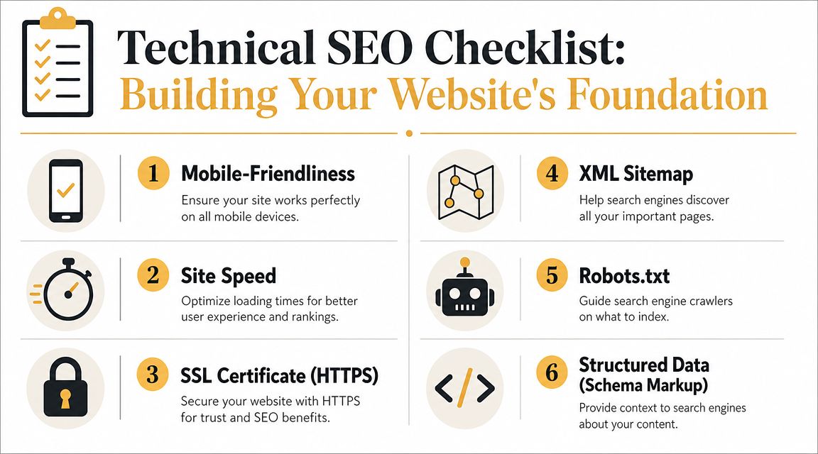 A visual guide illustrating a six-point technical SEO checklist for improving website performance and search engine ranking.