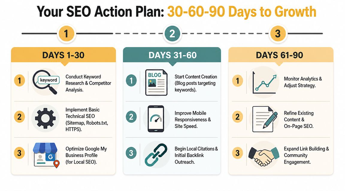 An infographic showing a 90-day SEO action plan divided into three phases with specific actionable tasks.
