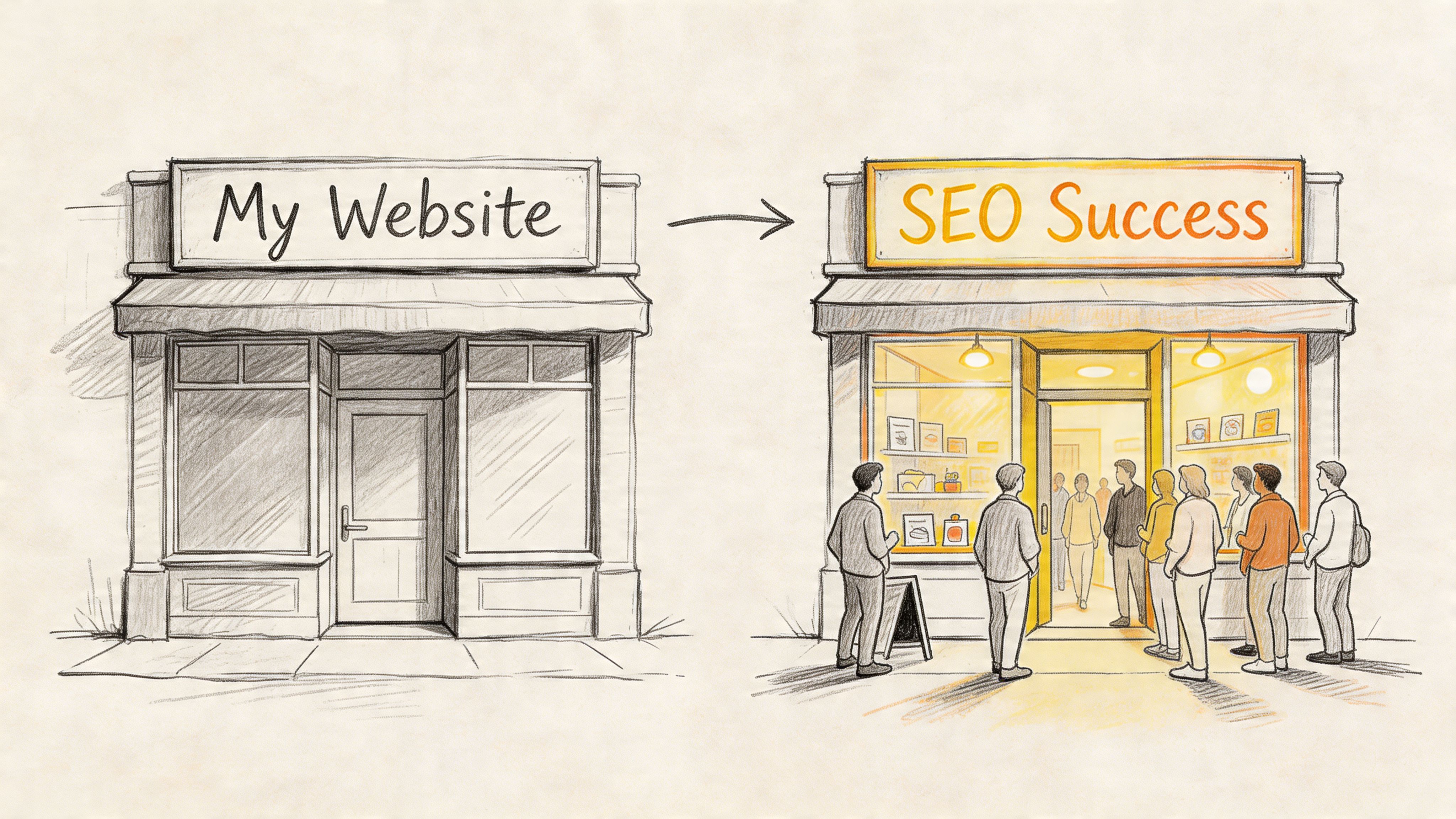 A digital illustration showing a neglected shop storefront transforming into a busy, successful store labeled SEO Success.