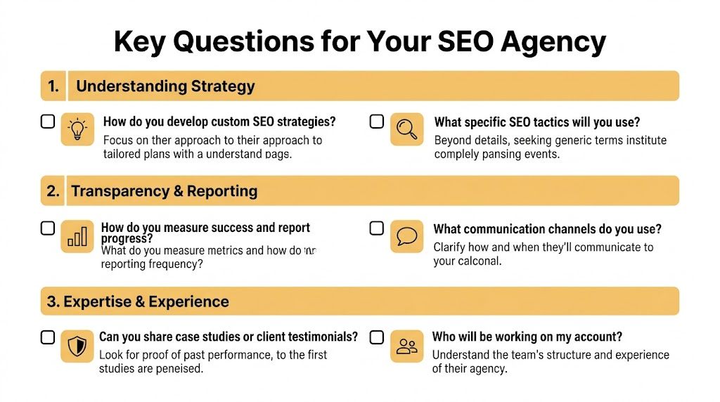 A checklist of important questions for small business owners to ask when hiring an SEO agency.