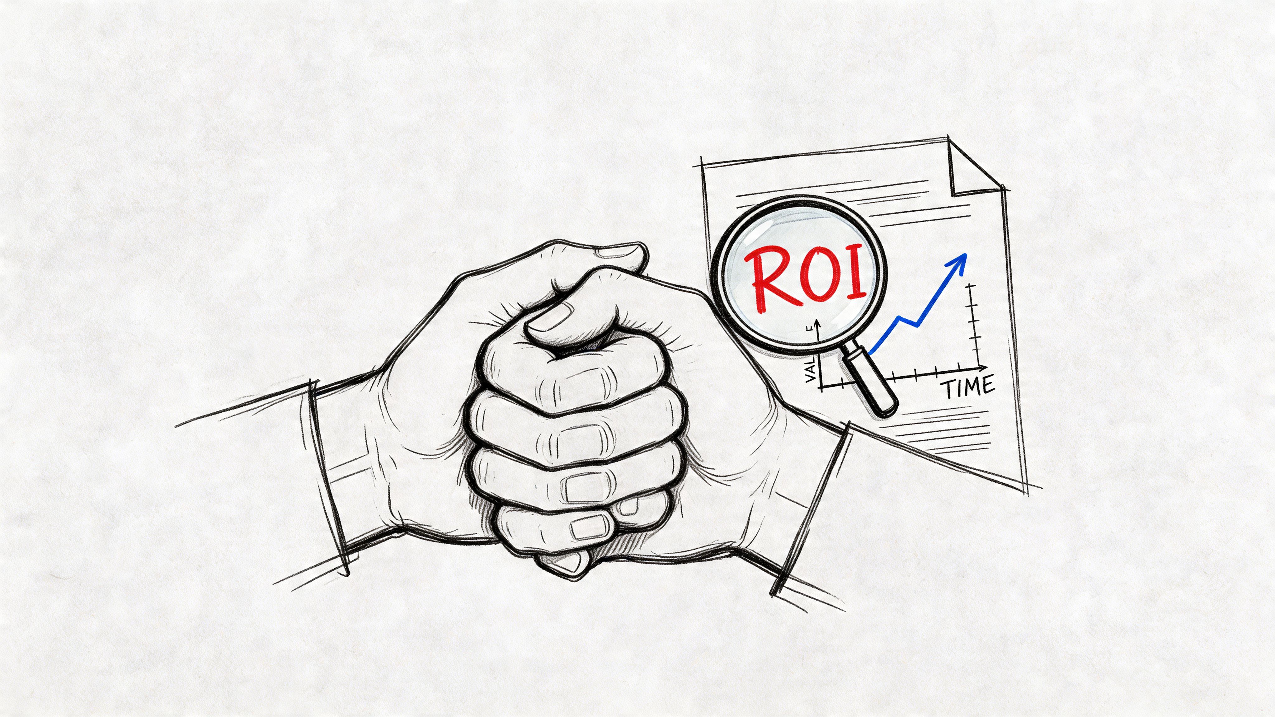 A hand-drawn illustration showing two hands clasped in agreement with a magnifying glass showing ROI over a graph.