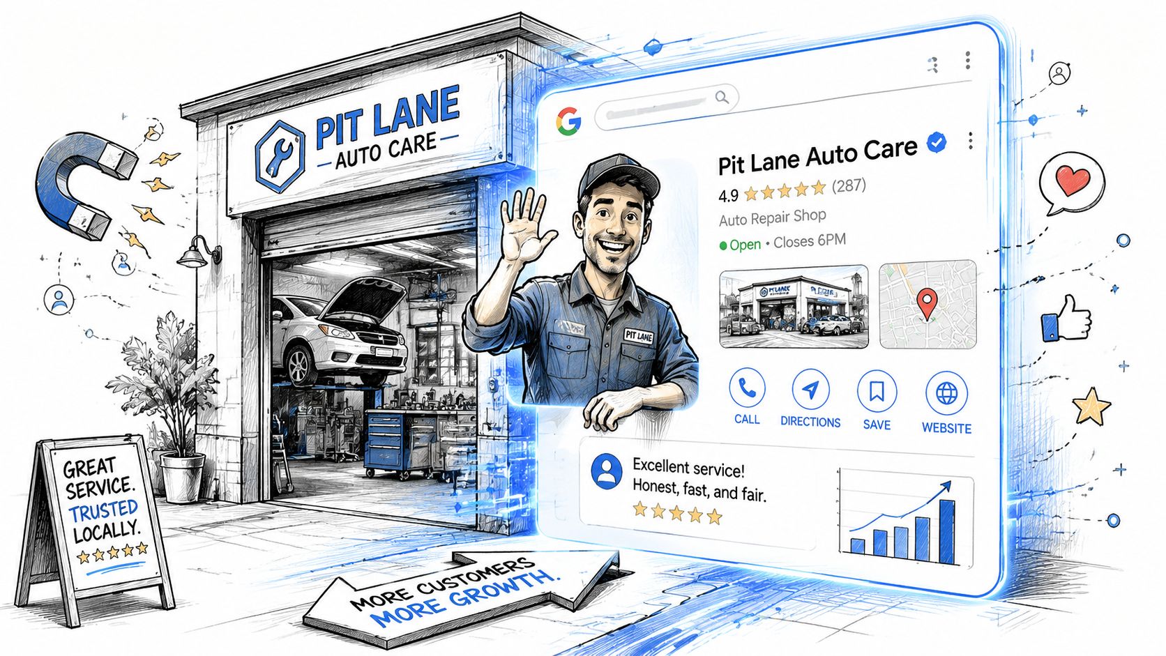 A digital illustration of a smiling mechanic in front of an auto shop and a Google business profile.