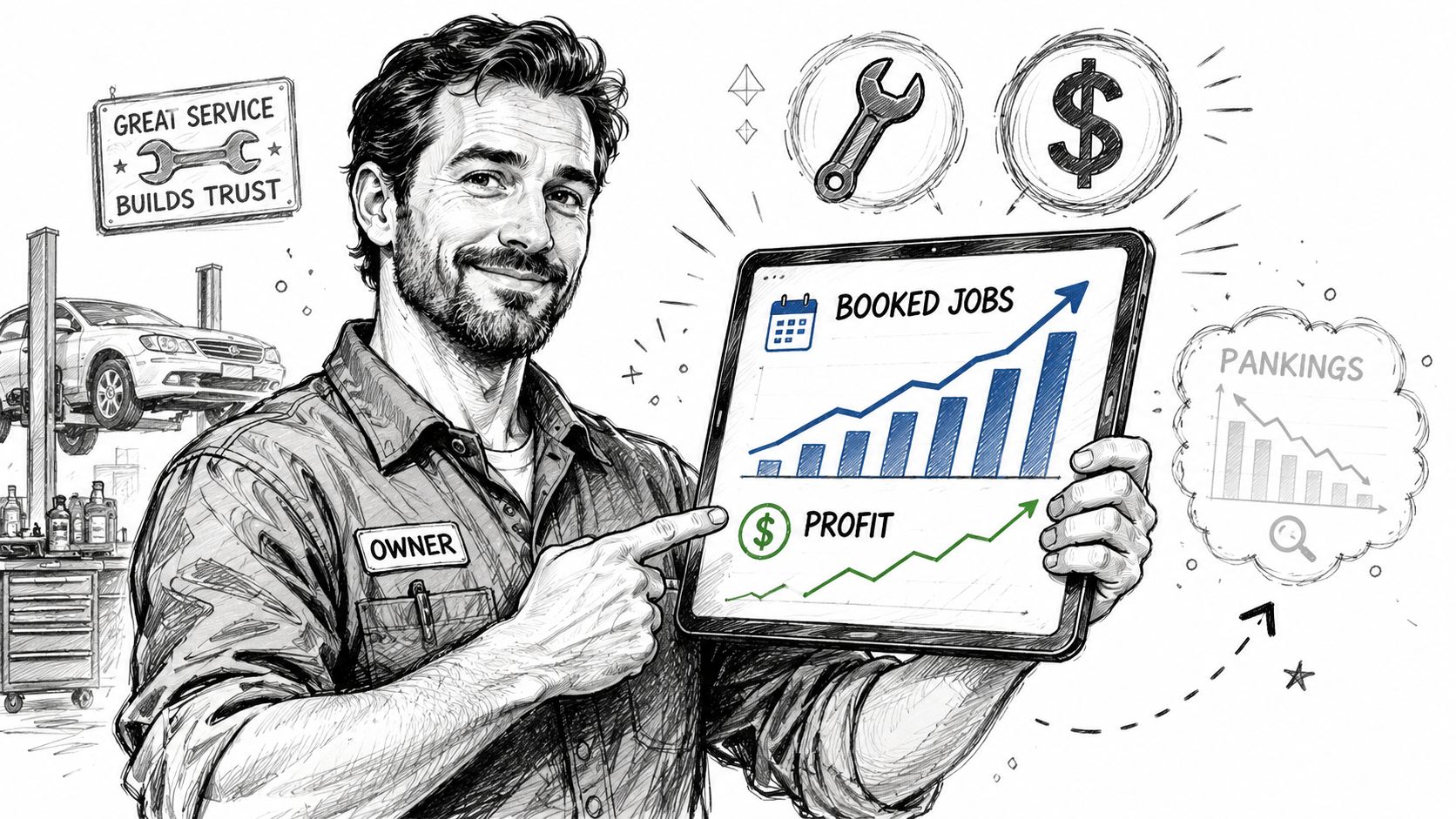 A professional auto repair shop owner pointing to a tablet showing business growth, booked jobs, and profit.