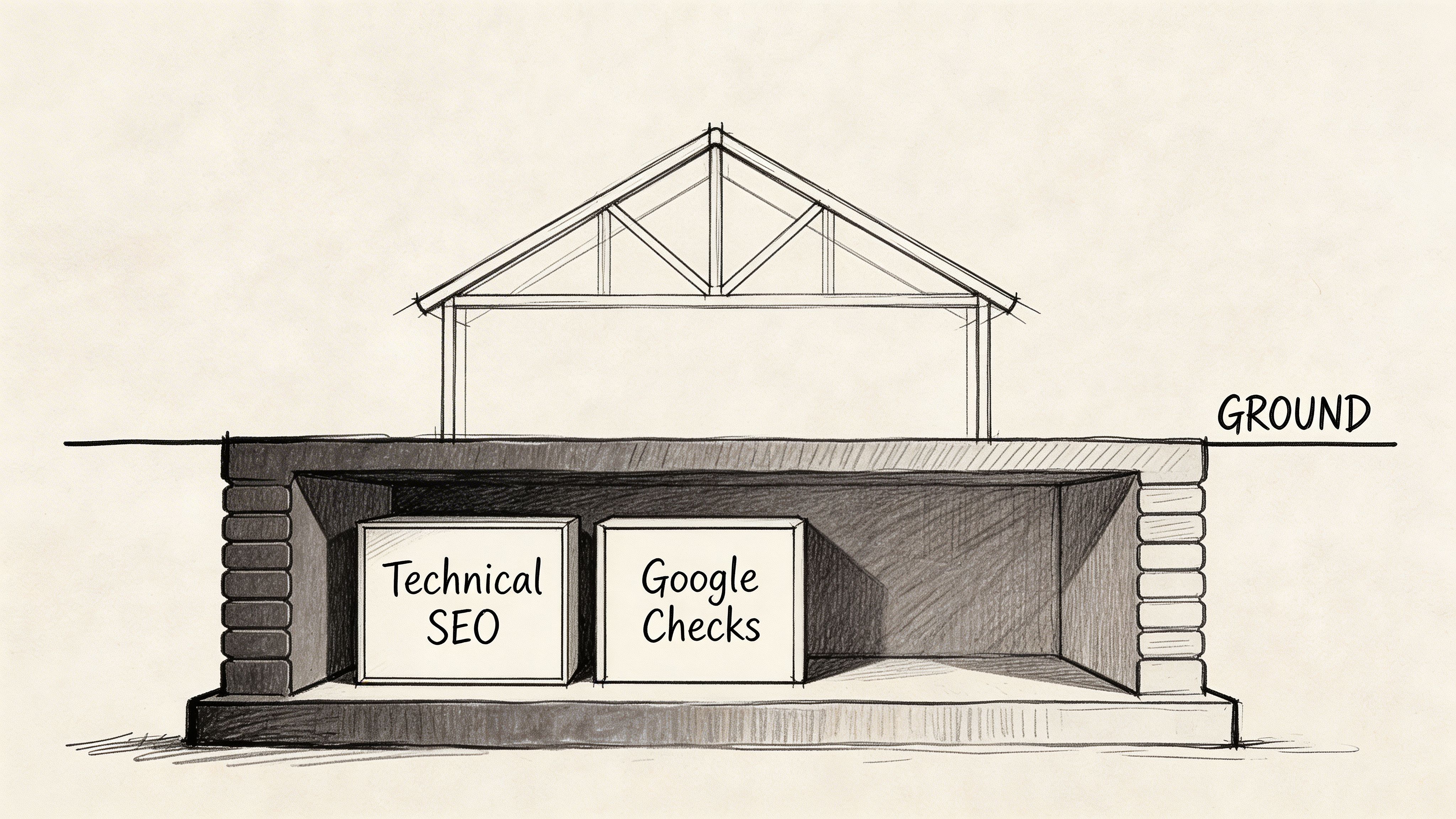 A pencil sketch of a house foundation showing Technical SEO and Google Checks as the base components.