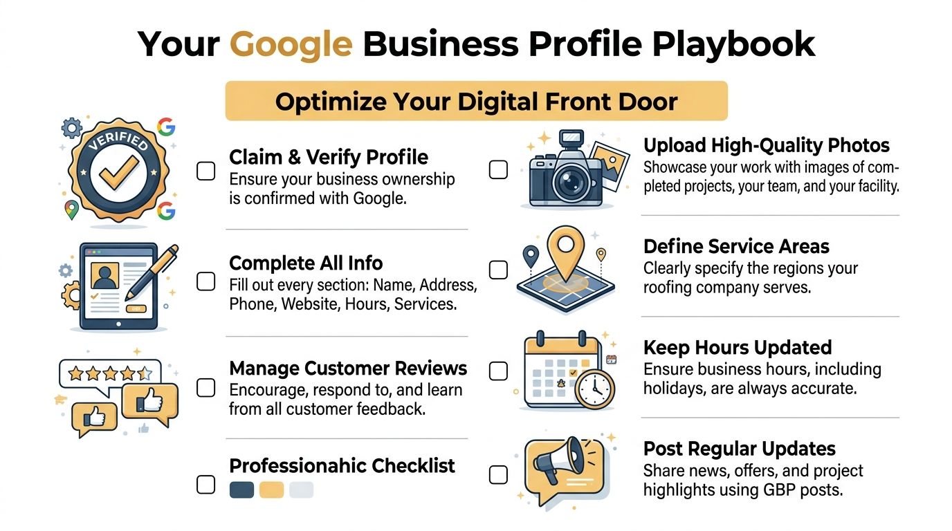 A checklist infographic titled Your Google Business Profile Playbook to optimize digital presence for roofing companies.