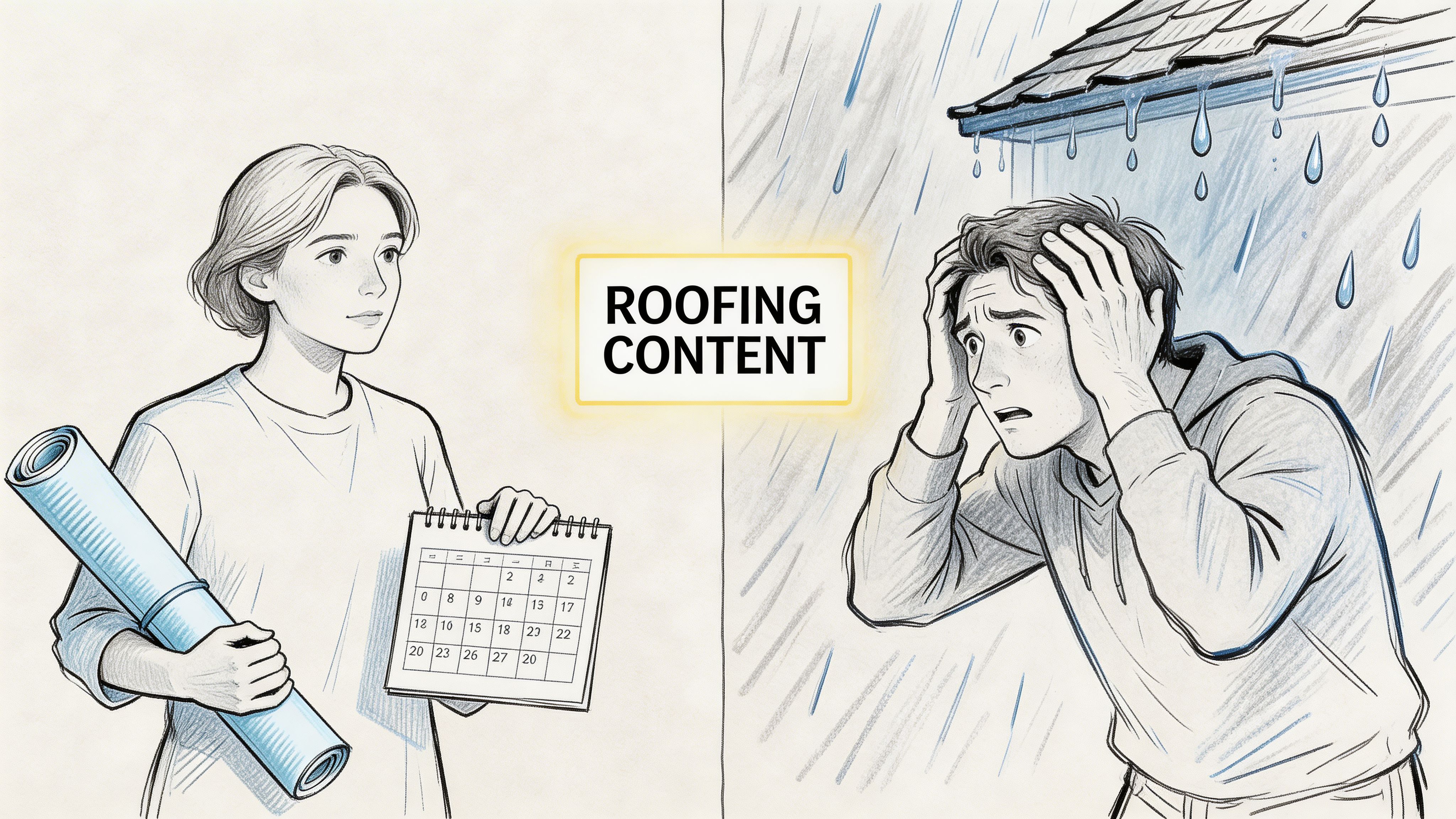 A split illustration showing a prepared woman holding a calendar and a distressed man in the rain.