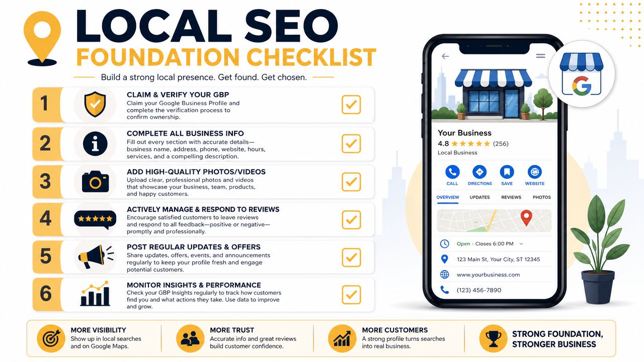 A checklist infographic illustrating six steps to optimize Google Business Profile for better local SEO visibility.