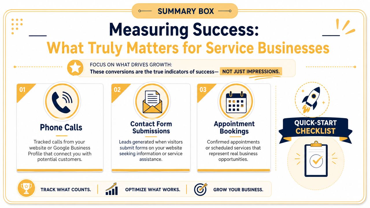 An infographic summarizing key success metrics for service businesses, focusing on phone calls, contact forms, and appointments.