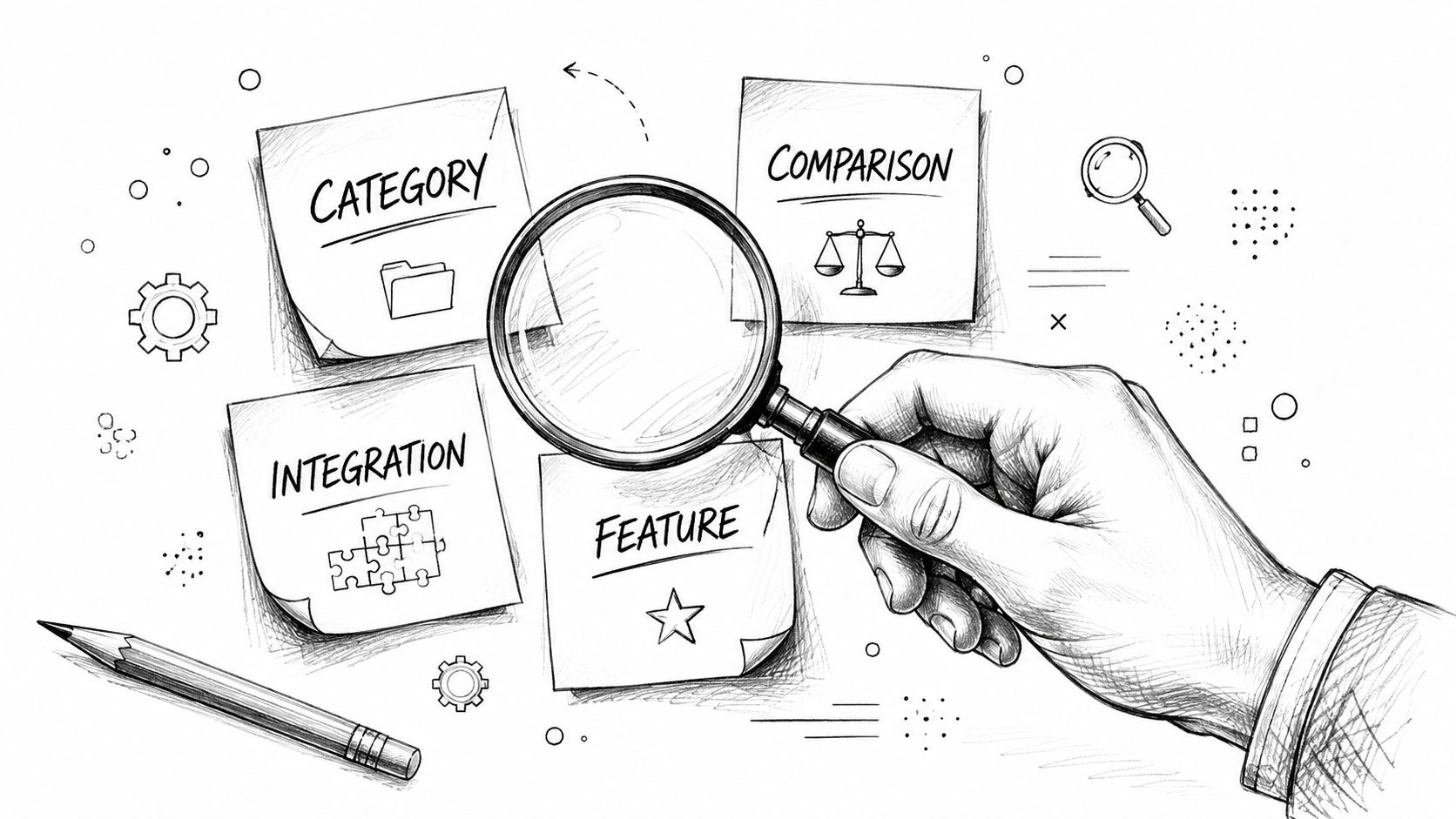 A hand holding a magnifying glass over sticky notes labeled category, comparison, integration, and feature.