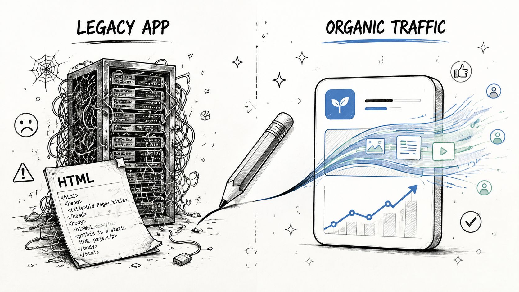 A digital illustration comparing an outdated, tangled legacy web application server with a modernized organic traffic platform.