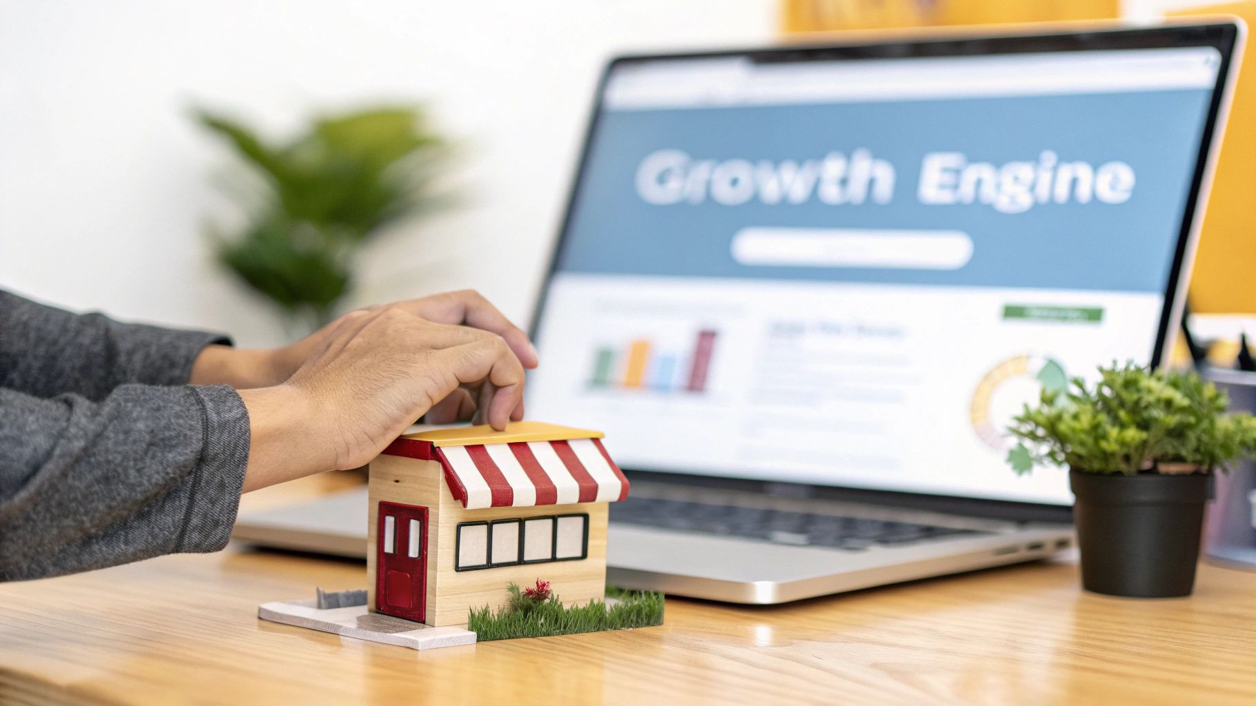 Hands interacting with a miniature shop model, with a laptop displaying 'Growth Engine' and business data.