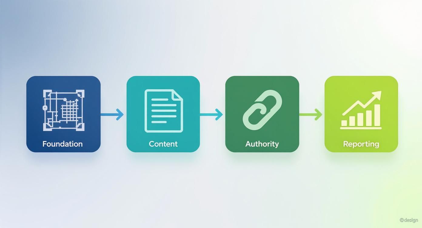 A diagram illustrating the four pillars of an SEO strategy: Foundation, Content, Authority, and Reporting.