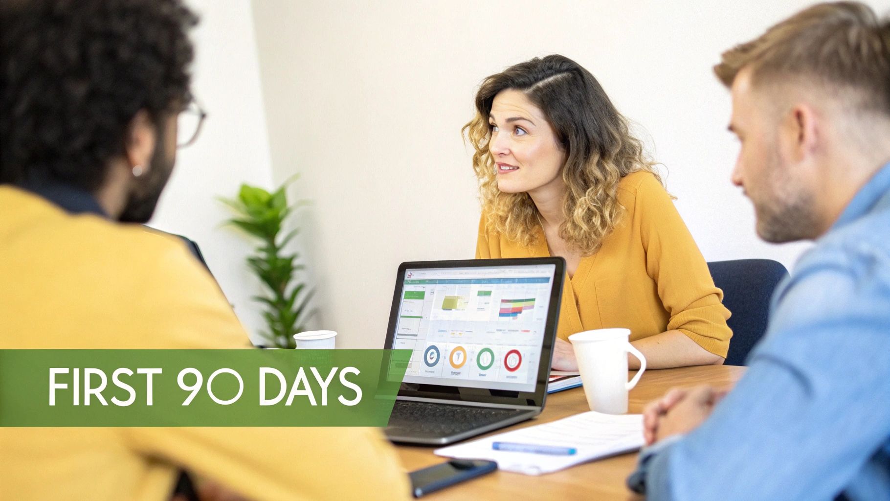 Diverse business team collaborating on a laptop displaying data during a 'first 90 days' meeting.