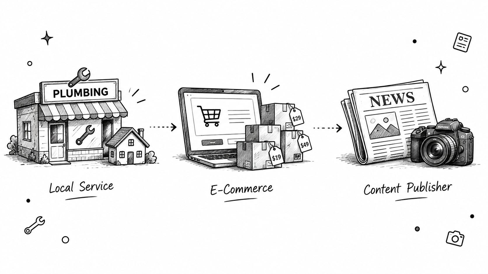 A hand-drawn illustration depicting three business models: local plumbing service, e-commerce shop, and content publishing.