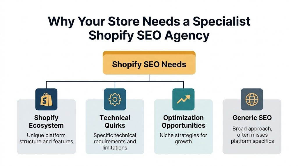 A flowchart diagram explaining the key benefits and needs for hiring a specialized Shopify SEO agency.