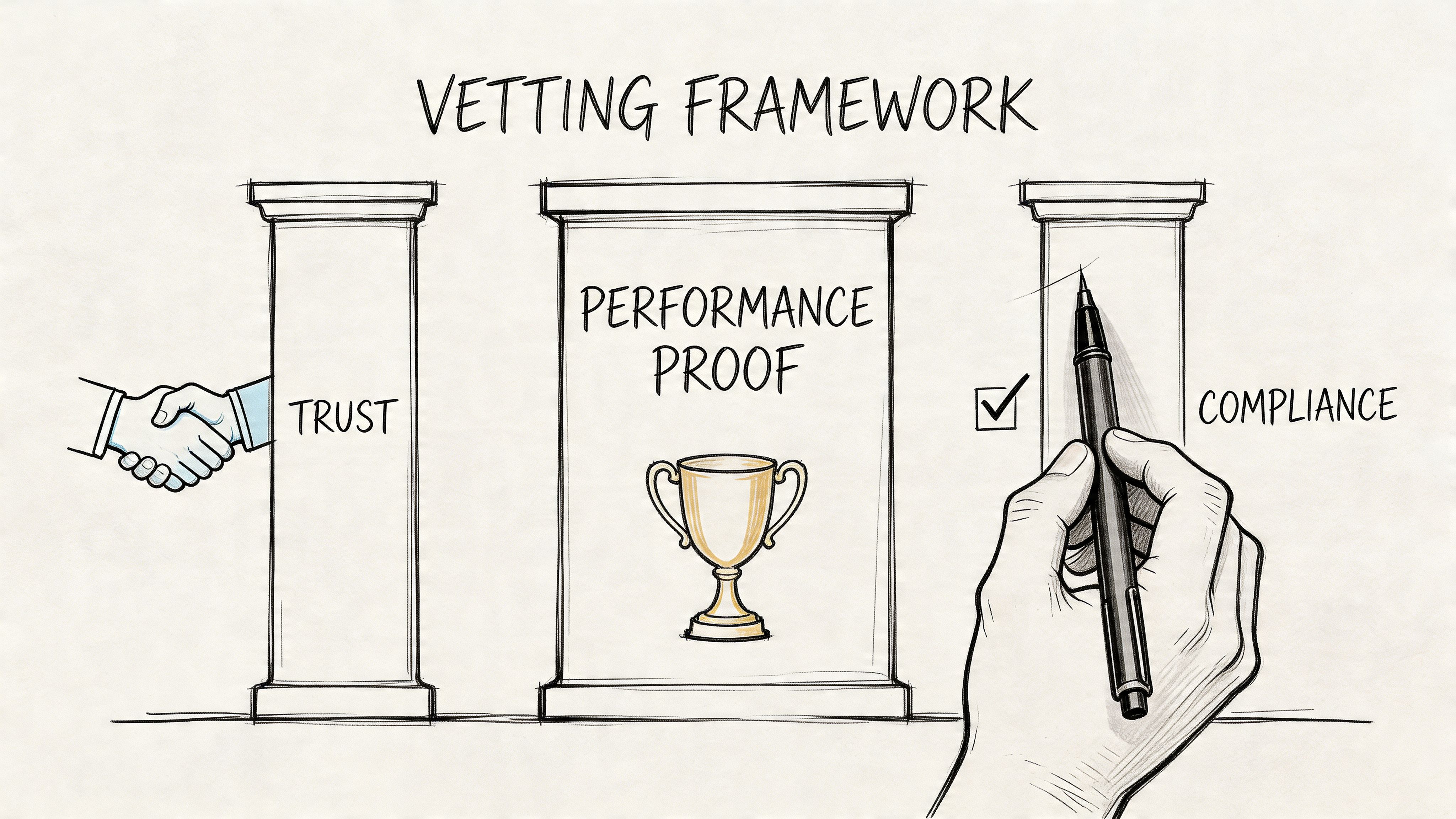A hand-drawn illustration showing the Vetting Framework with three pillars: Trust, Performance Proof, and Compliance.