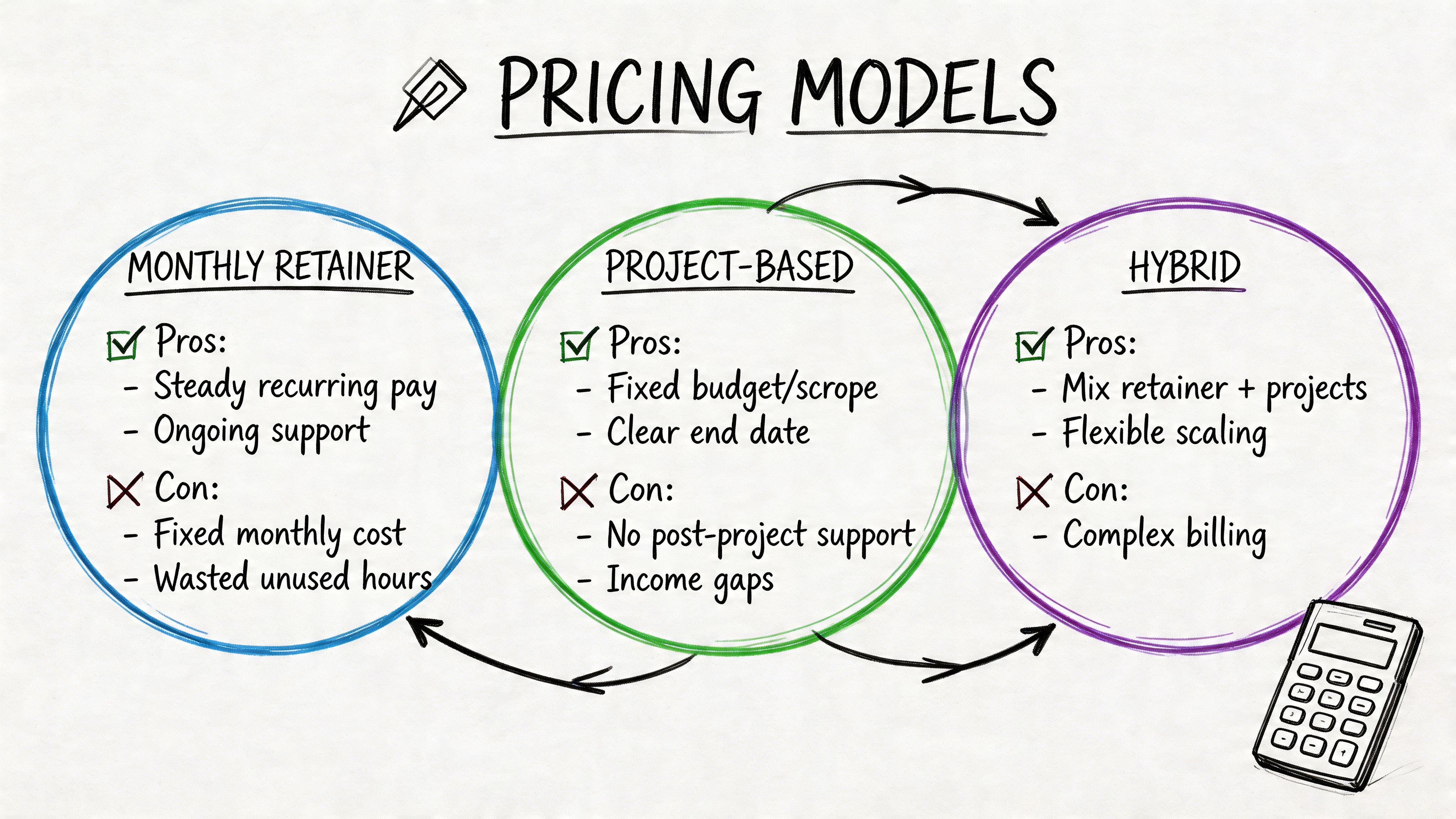 A hand-drawn diagram comparing Monthly Retainer, Project-Based, and Hybrid pricing models for service-based businesses.