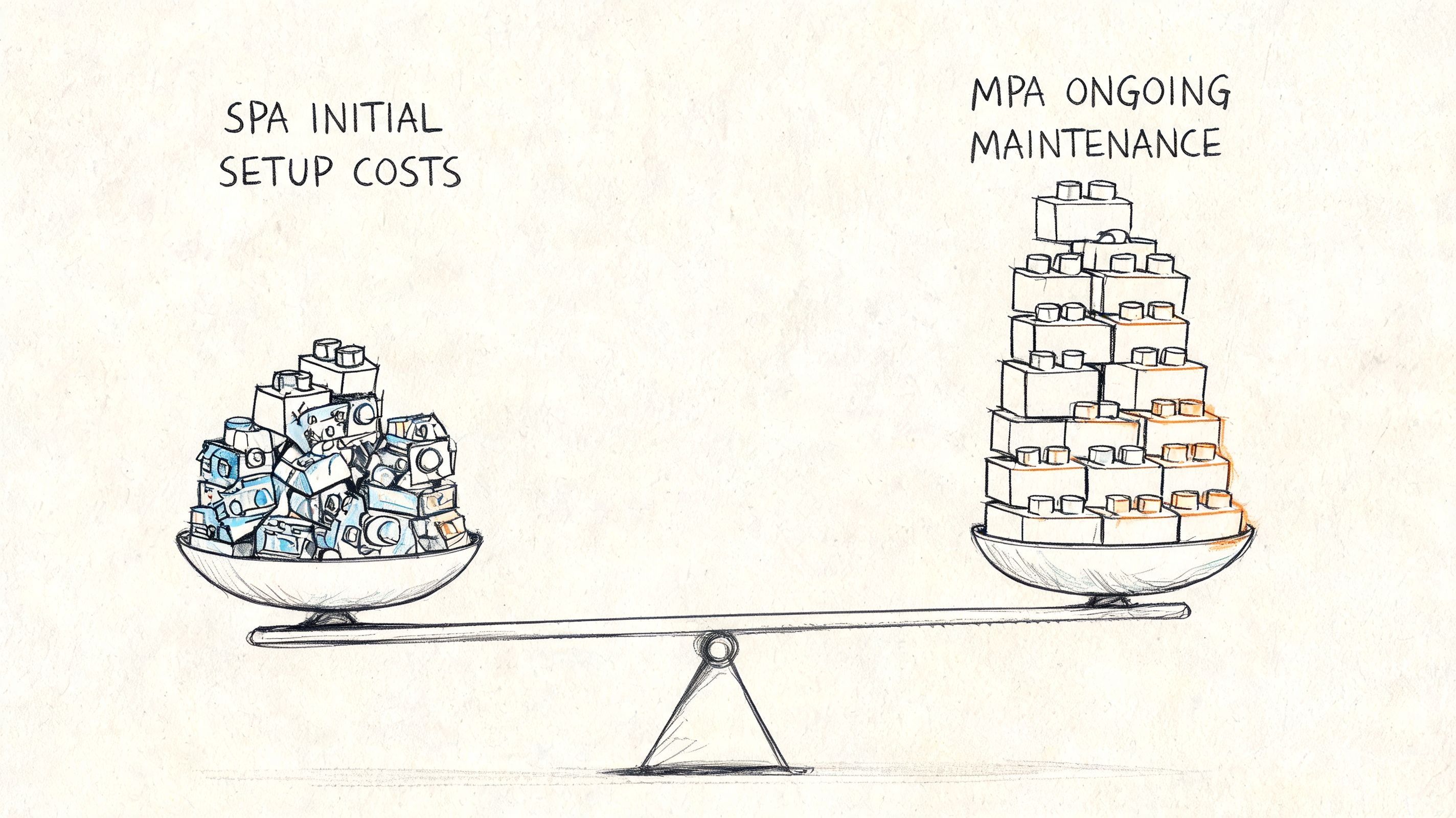 A scale illustration comparing SPA initial setup costs to MPA ongoing maintenance costs using building blocks.
