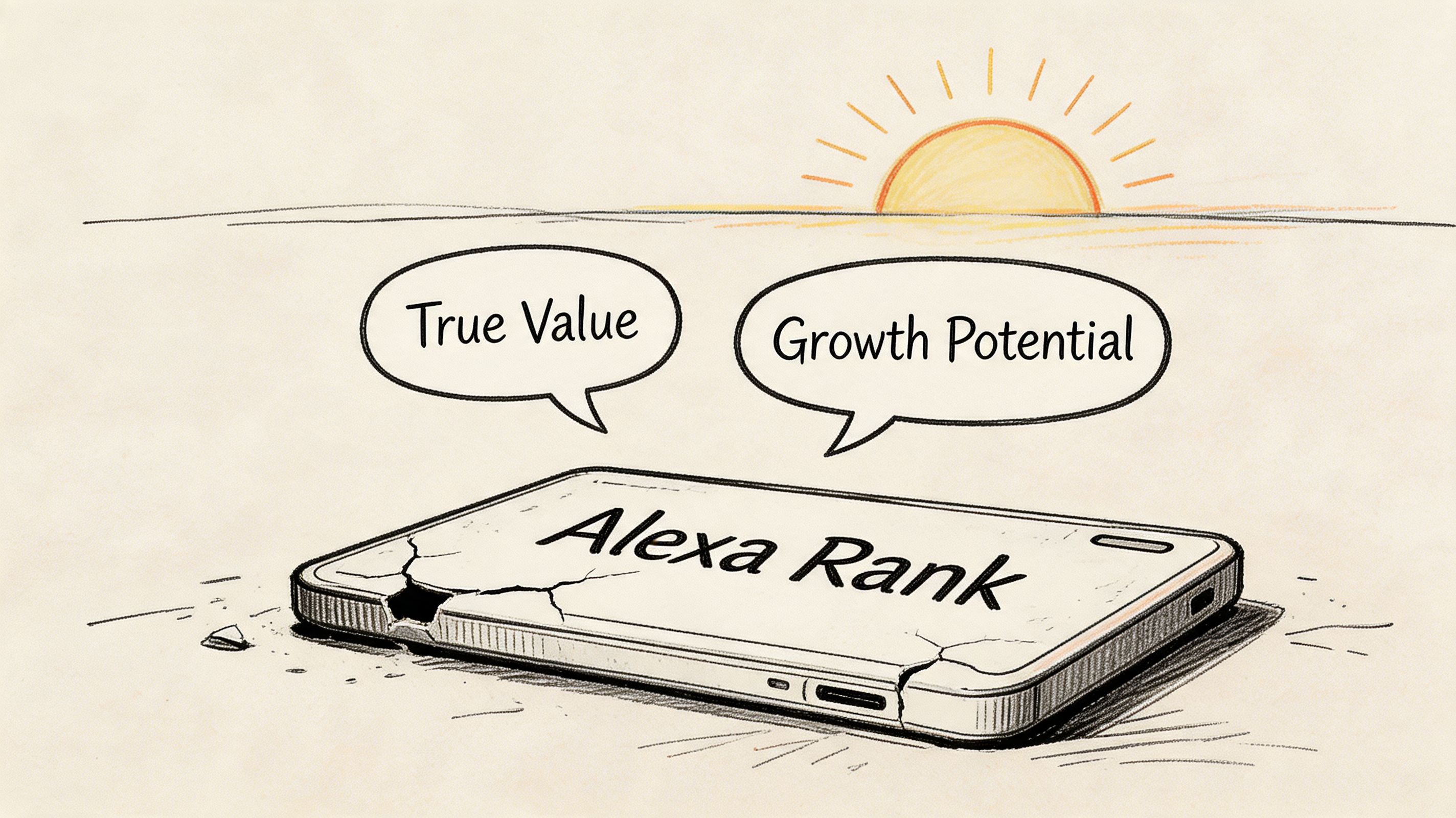 A cracked smartphone displaying the text Alexa Rank, with thought bubbles mentioning True Value and Growth Potential.